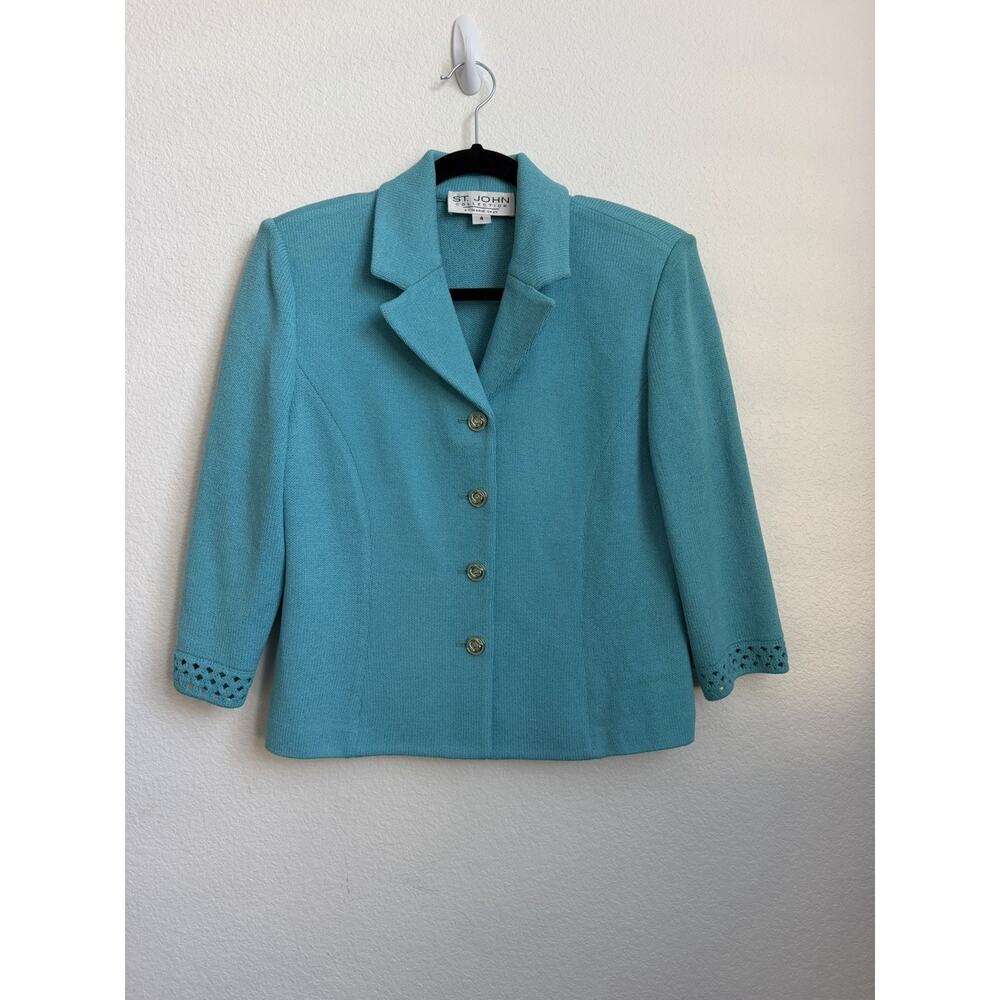 St. John Size 4 Knit 2pc Pant Suit Set Turquoise blue Jacket and Trousers - Picture 6 of 16